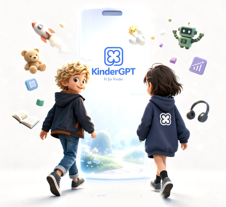 Zwei Kinder gehen auf ein Smartphone mit KinderGPT zu, um sie herum schweben Rakete, Teddy, Roboter und Kopfhörer.