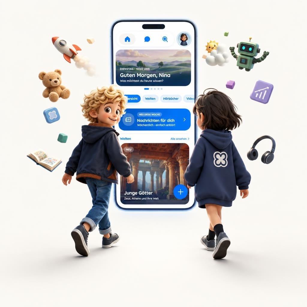 Zwei Kinder gehen auf ein Smartphone mit dem KinderGPT-Startbildschirm zu, um sie herum schweben Rakete, Teddy, Roboter und Kopfhörer.