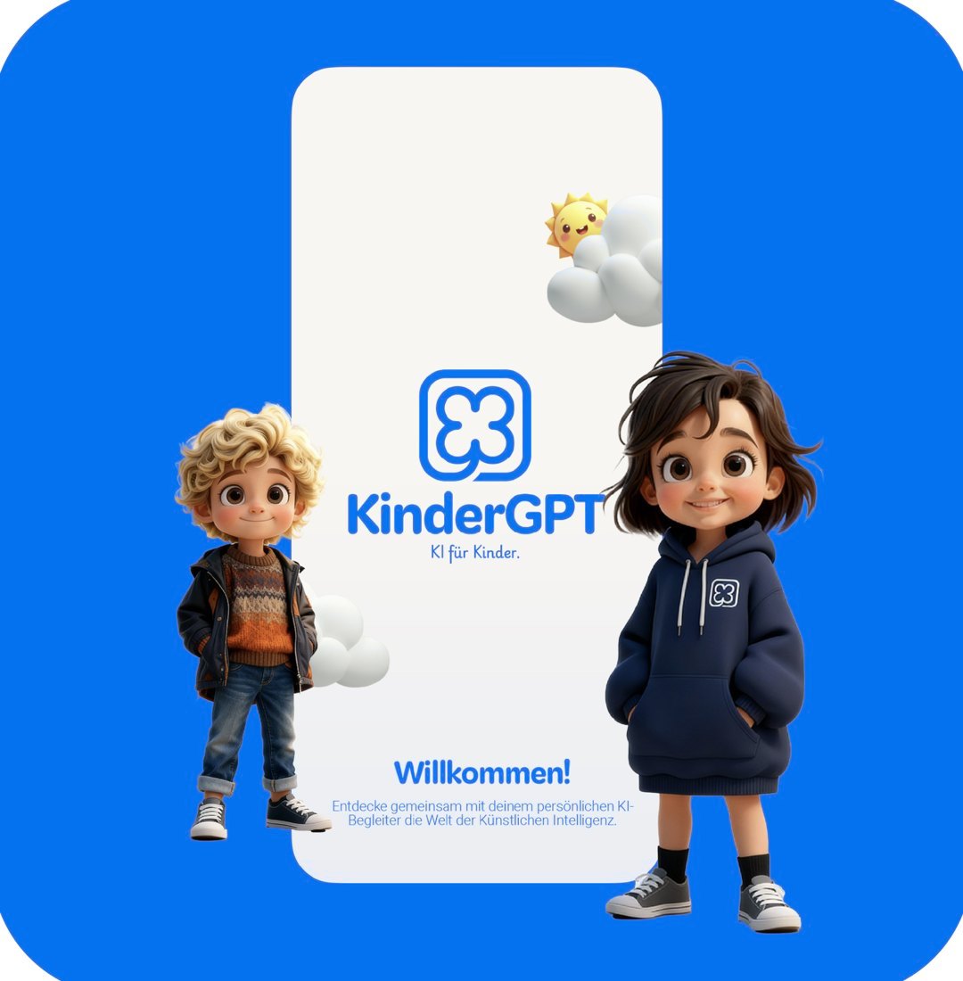 Zwei Kinder stehen neben einem Smartphone mit dem KinderGPT-Willkommensbildschirm.