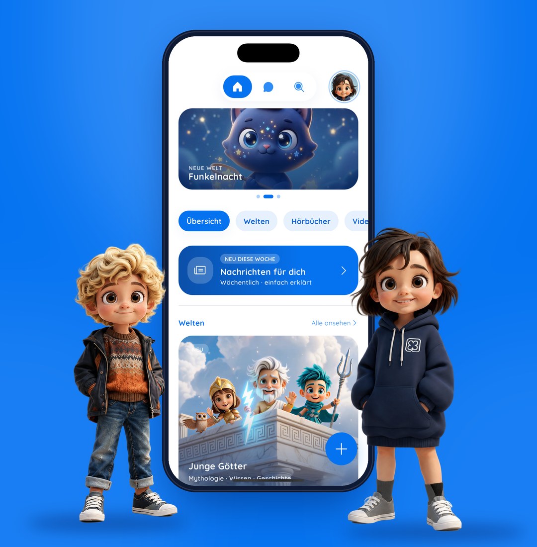 Zwei Kinder stehen neben einem Smartphone, auf dem die Startseite der App geöffnet ist.